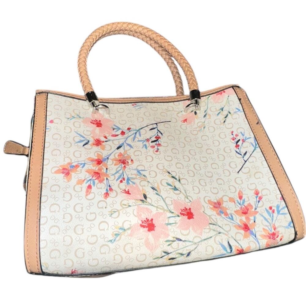 Guess Floral Logo Tote Bag in White, Tan, Pink, Blue - Picture 2 of 13